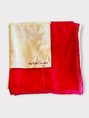 CARTIER Vintage Must de Cartier Paris 34" Silk Scarf Red Ivory Monogram Logo